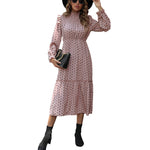 YESFASHION Women Elegant Pink Long Sleeve Polka Dot Dress