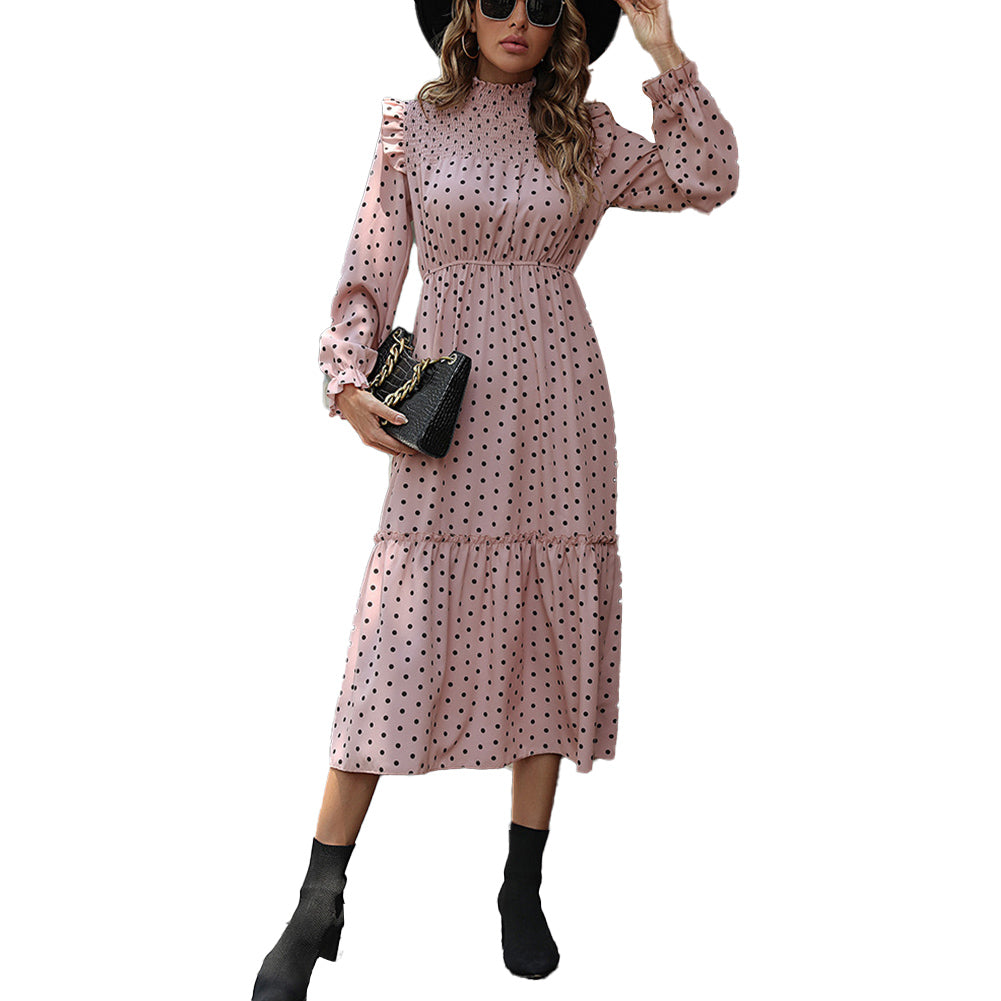 YESFASHION Women Elegant Pink Long Sleeve Polka Dot Dress