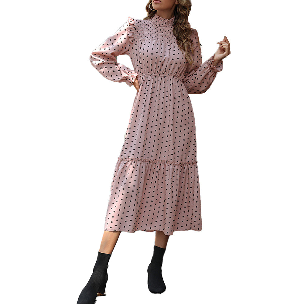 YESFASHION Women Elegant Pink Long Sleeve Polka Dot Dress