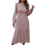 YESFASHION Women Elegant Pink Long Sleeve Polka Dot Dress