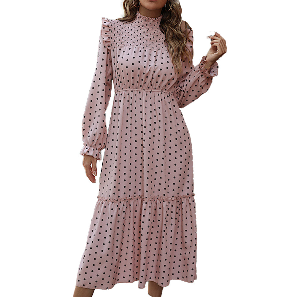 YESFASHION Women Elegant Pink Long Sleeve Polka Dot Dress