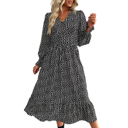 YESFASHION Women Printed V-neck Long Sleeve Black Dress