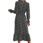 YESFASHION Women Printed V-neck Long Sleeve Black Dress