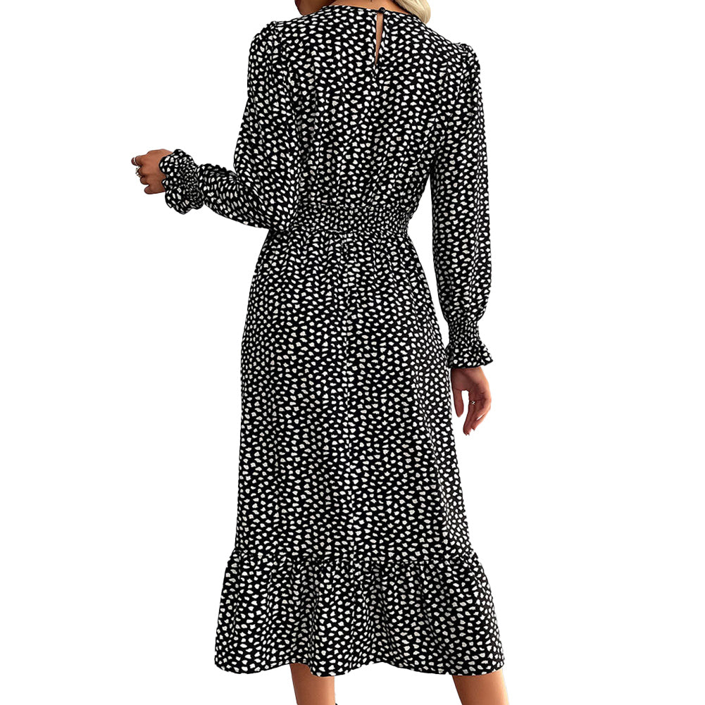 YESFASHION Women Printed V-neck Long Sleeve Black Dress