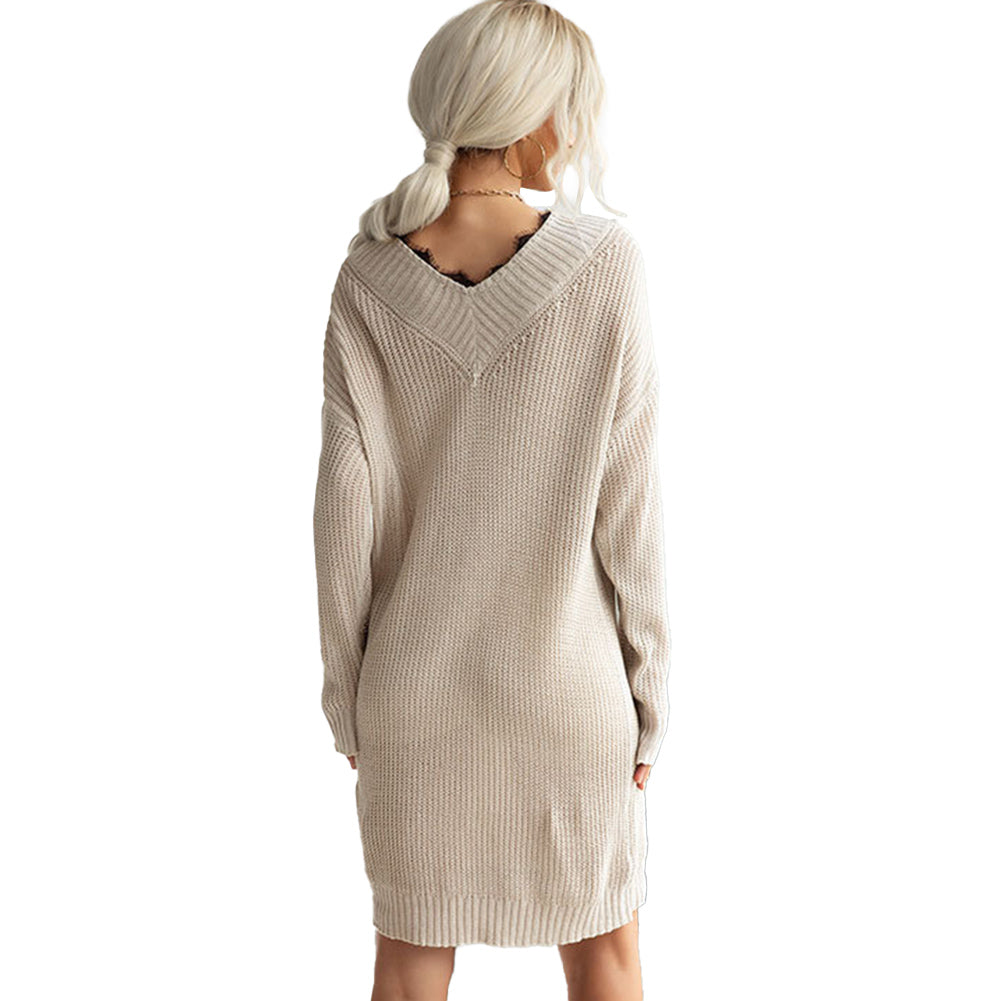 YESFASHION  Women V-neck Solid Color Lace Panel Sweater Dress