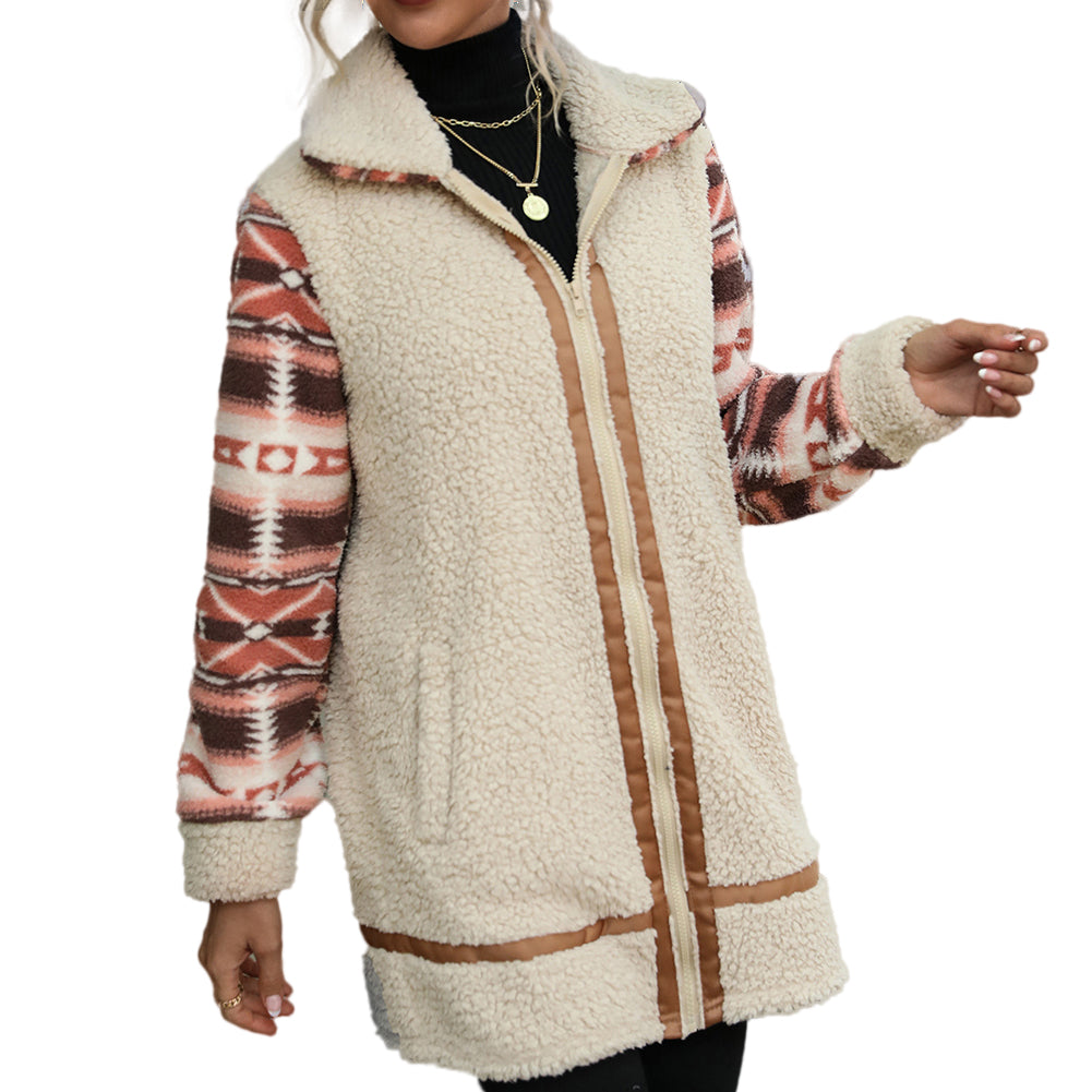 Polyester Long Paneled Zip Plush Jacket