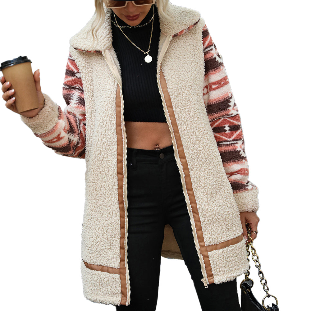 Polyester Long Paneled Zip Plush Jacket