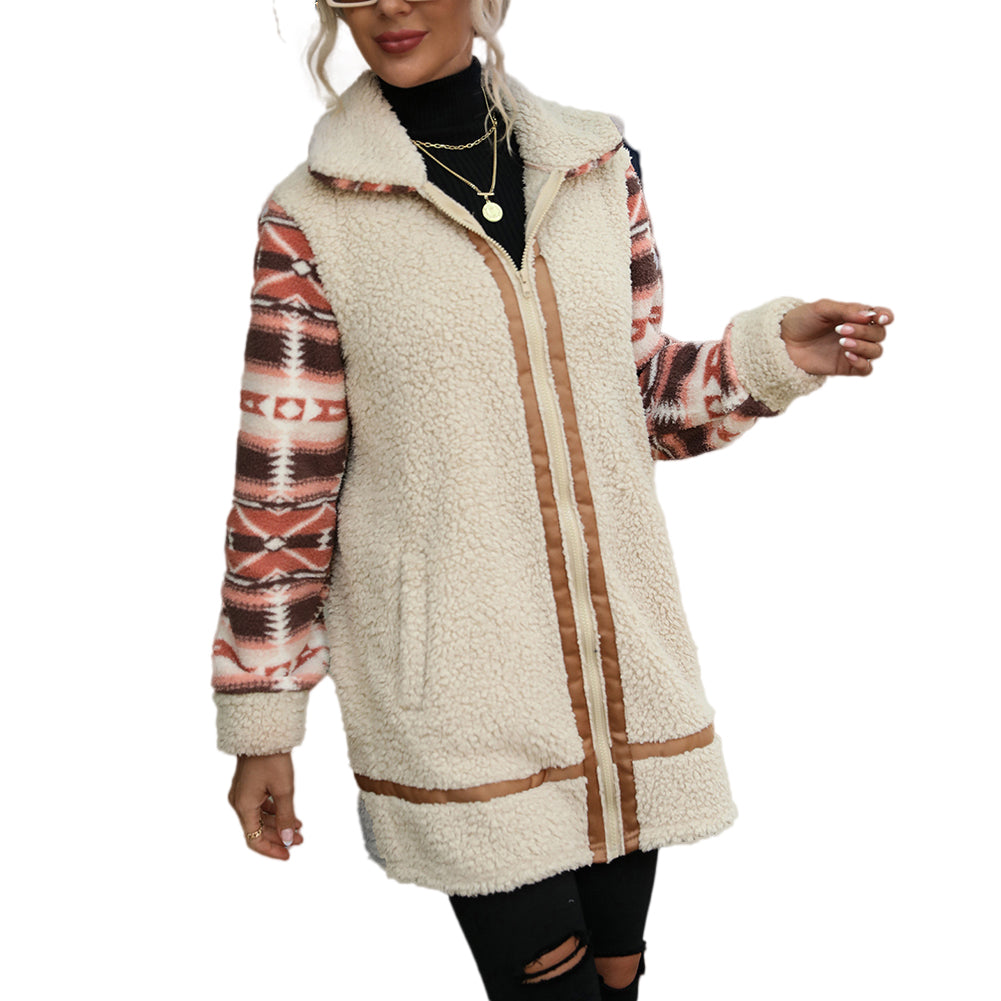 Polyester Long Paneled Zip Plush Jacket