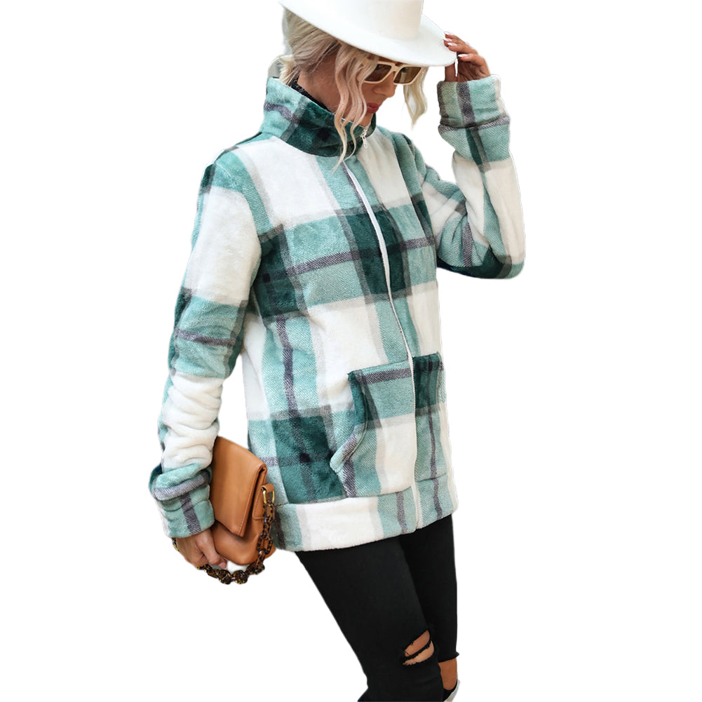 YESFASHION Collar Checked Zippered Loose Plush Jacket Coats