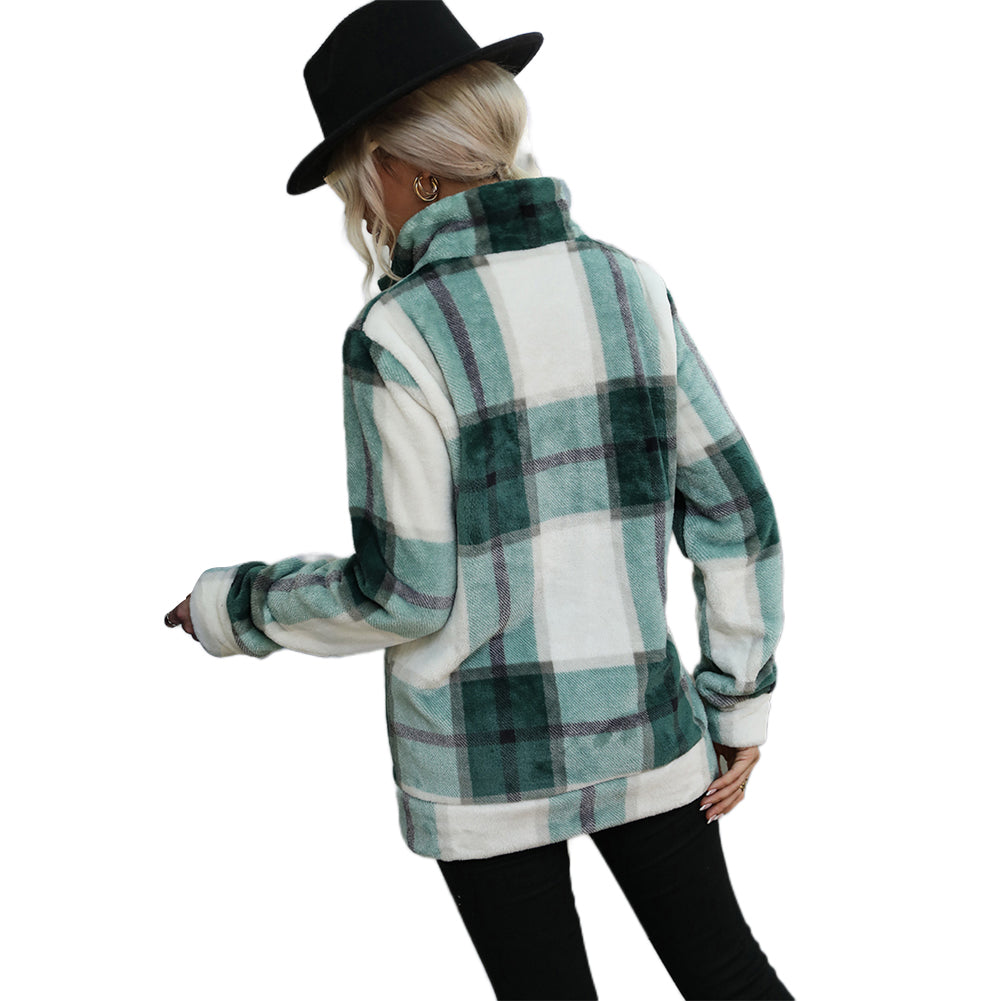 YESFASHION Collar Checked Zippered Loose Plush Jacket Coats