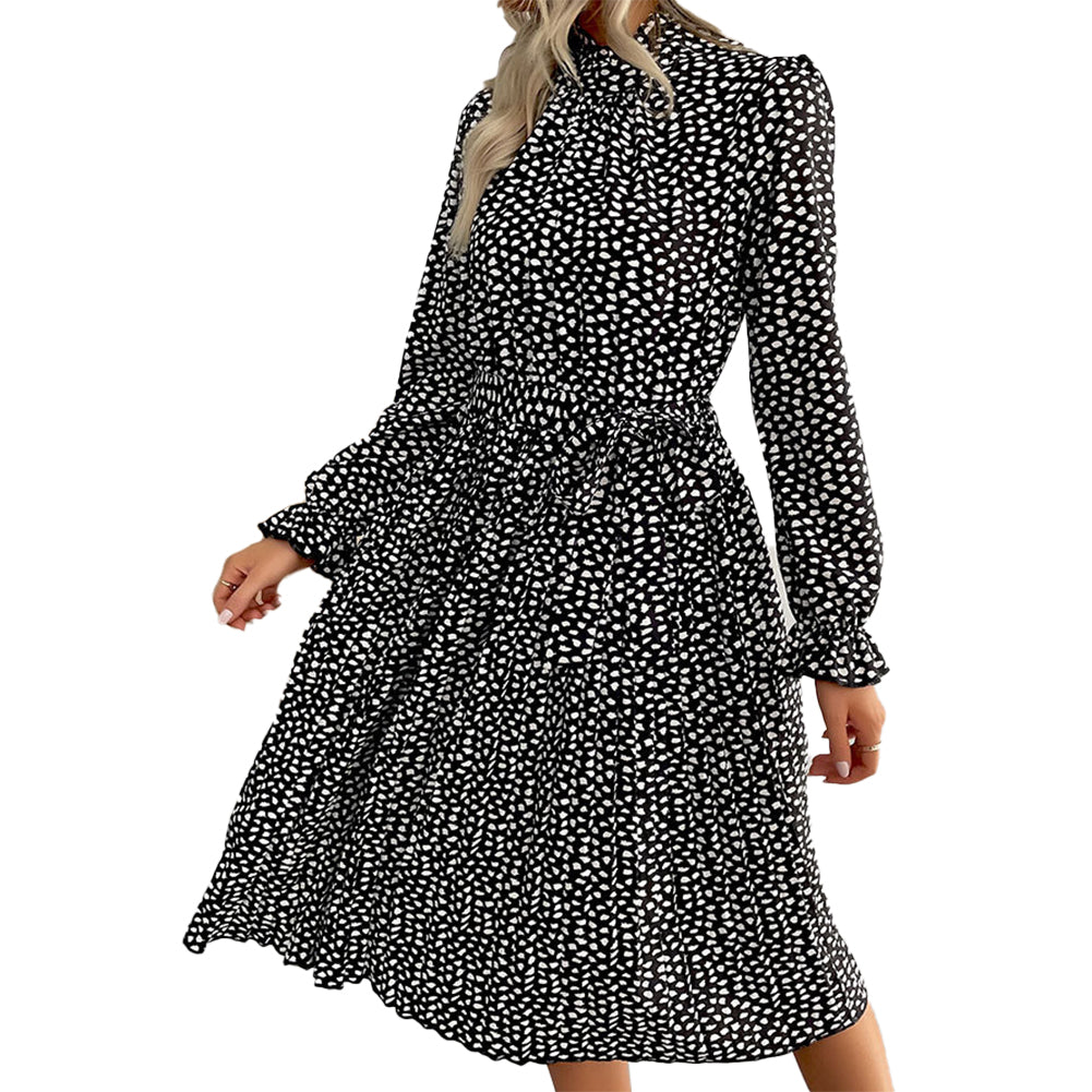 YESFASHION Fashion Pleated Skirt Long Sleeve Dress