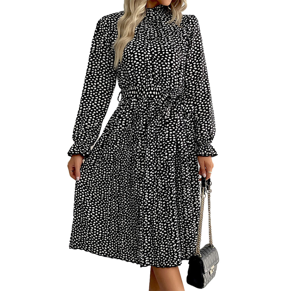 YESFASHION Fashion Pleated Skirt Long Sleeve Dress