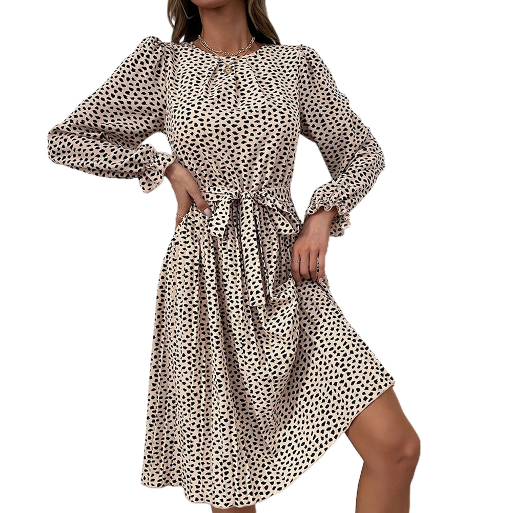 YESFASHION Long-sleeved Autumn Lace-up Print Dress