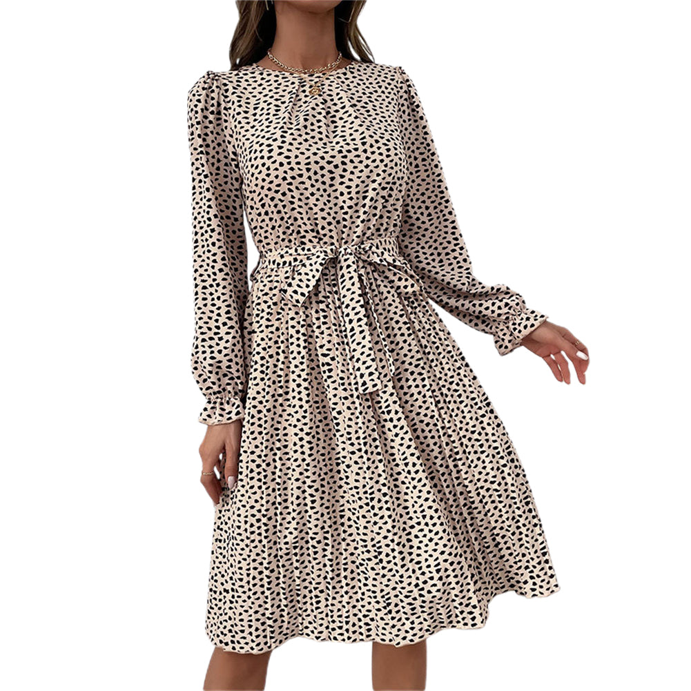 YESFASHION Long-sleeved Autumn Lace-up Print Dress