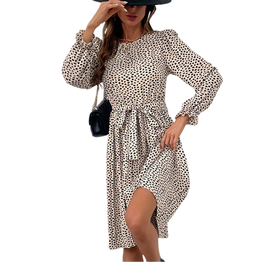 YESFASHION Long-sleeved Autumn Lace-up Print Dress