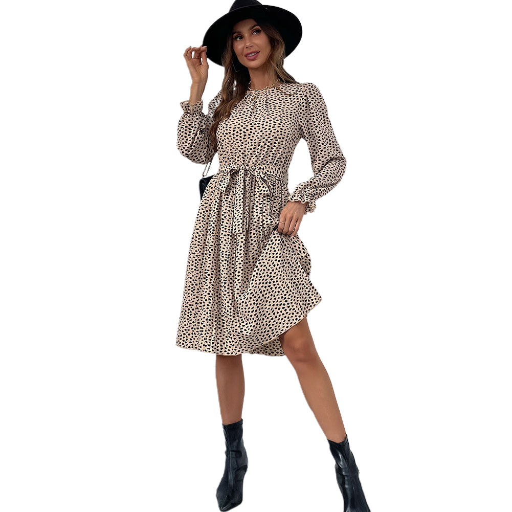 YESFASHION Long-sleeved Autumn Lace-up Print Dress