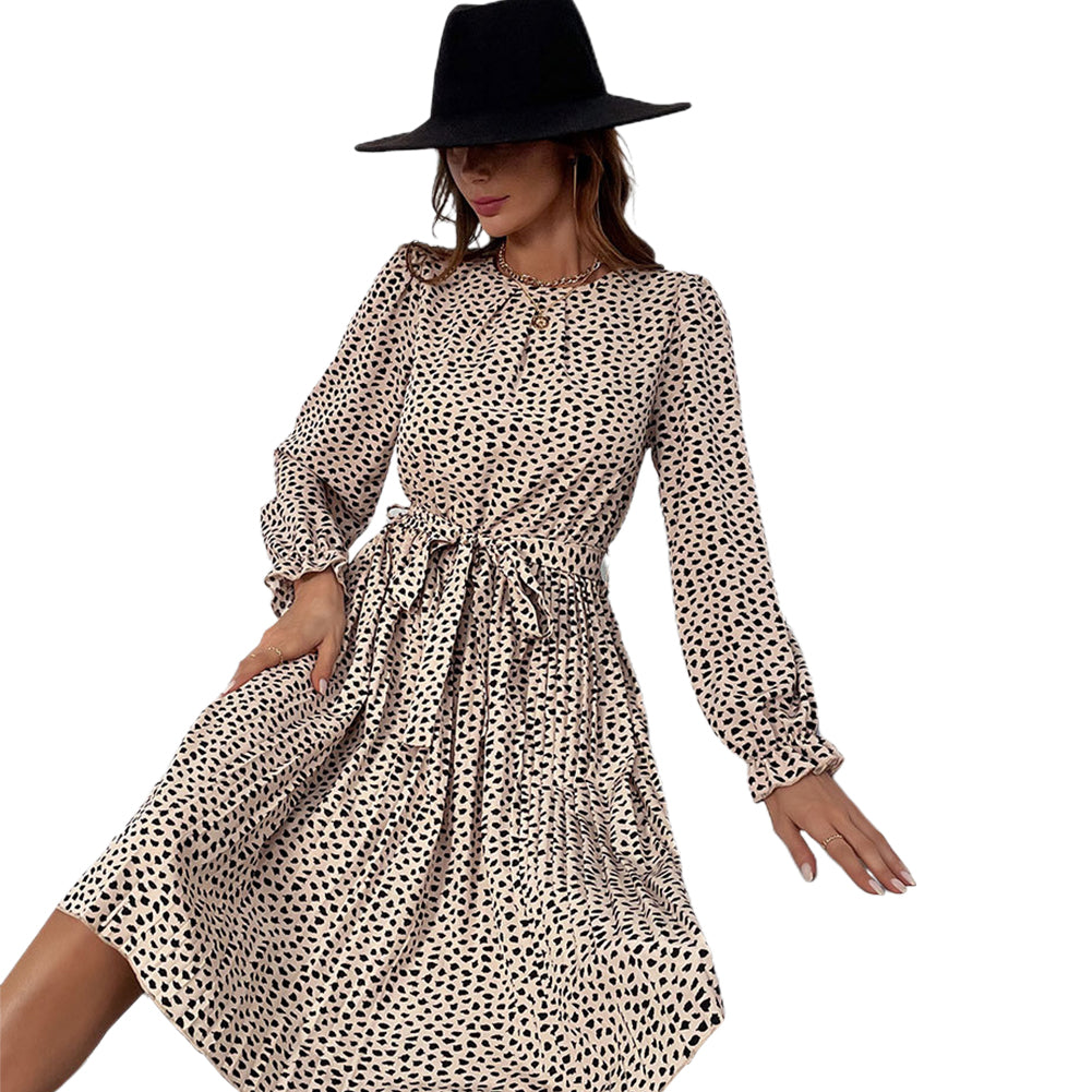 YESFASHION Long-sleeved Autumn Lace-up Print Dress