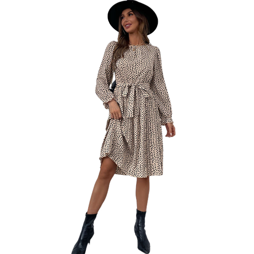 YESFASHION Long-sleeved Autumn Lace-up Print Dress