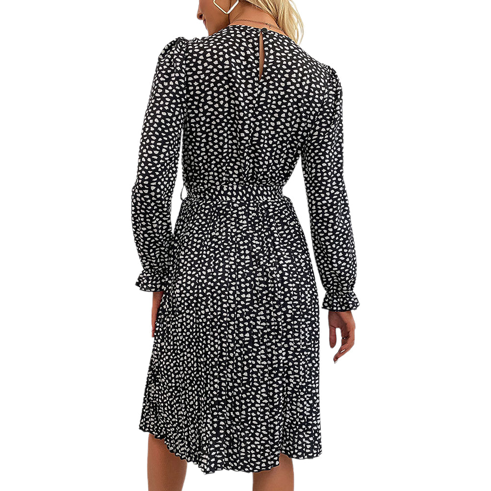 YESFASHION Long-sleeved Autumn Lace-up Print Dress