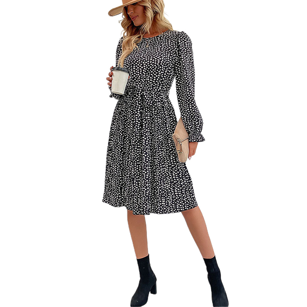 YESFASHION Long-sleeved Autumn Lace-up Print Dress