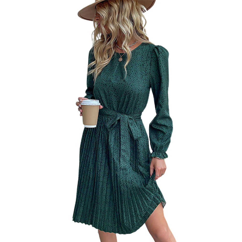 YESFASHION Long-sleeved Autumn Lace-up Print Dress