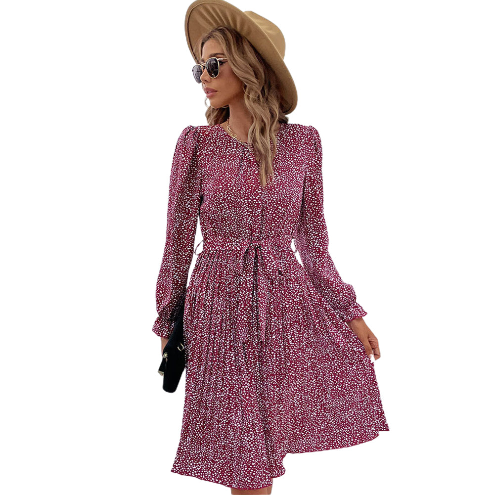 YESFASHION Long-sleeved Autumn Lace-up Print Dress