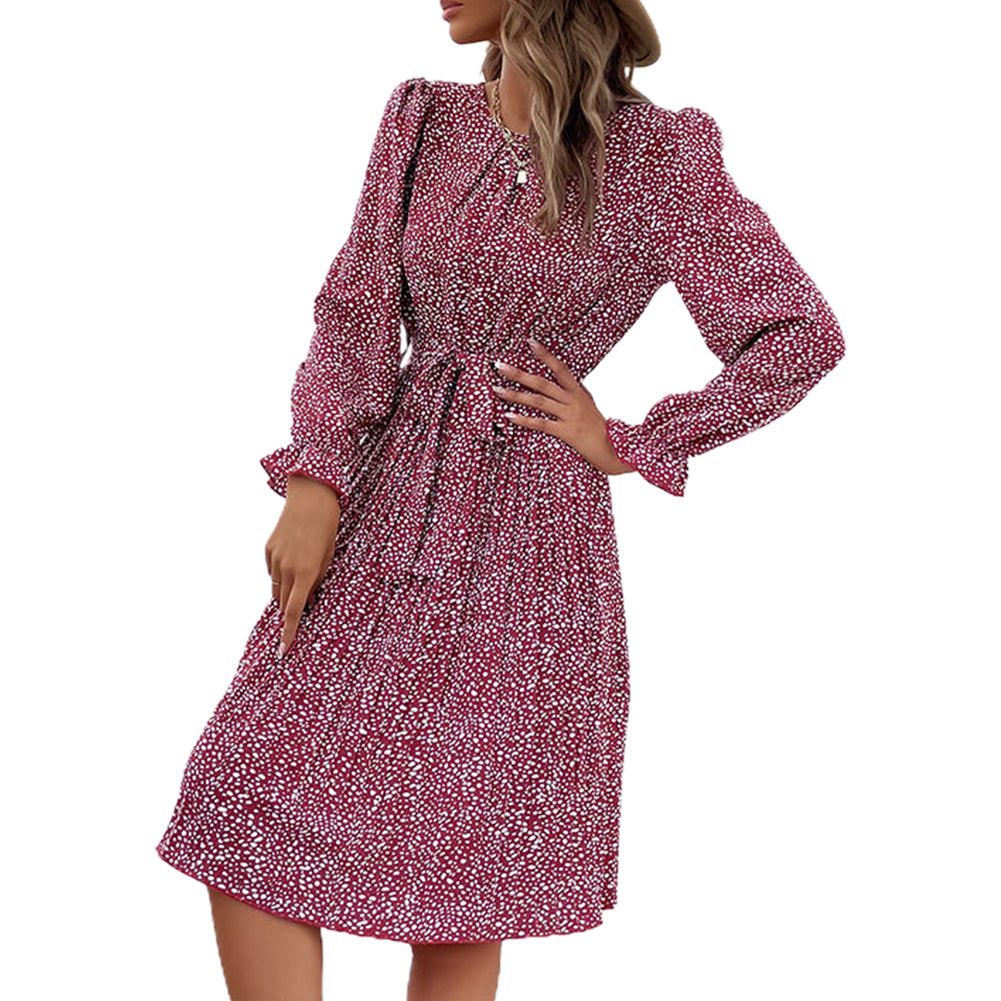 YESFASHION Long-sleeved Autumn Lace-up Print Dress