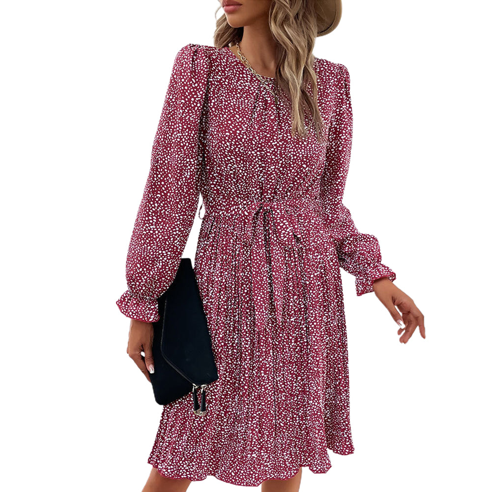 YESFASHION Long-sleeved Autumn Lace-up Print Dress