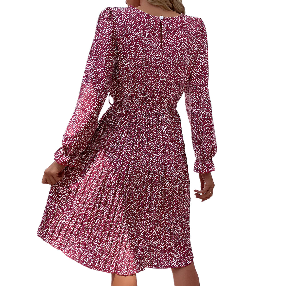 YESFASHION Long-sleeved Autumn Lace-up Print Dress