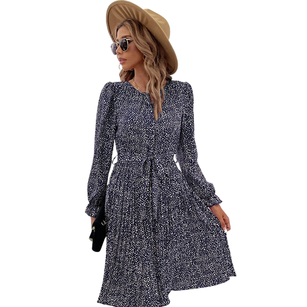 YESFASHION Long-sleeved Autumn Lace-up Print Dress