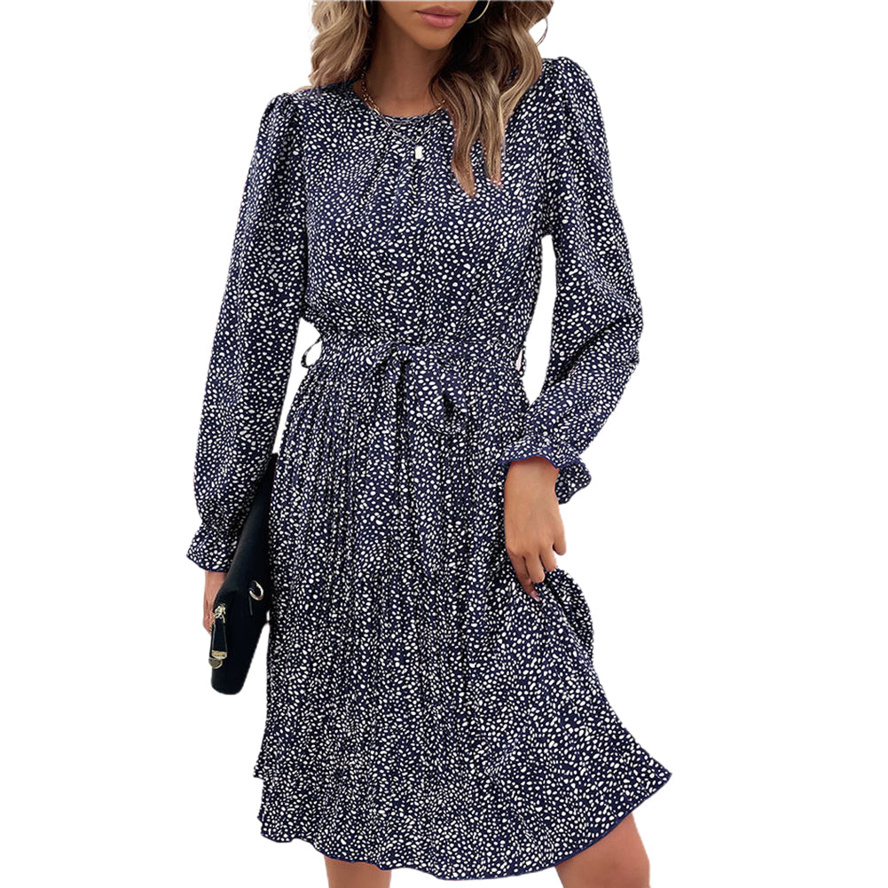 YESFASHION Long-sleeved Autumn Lace-up Print Dress