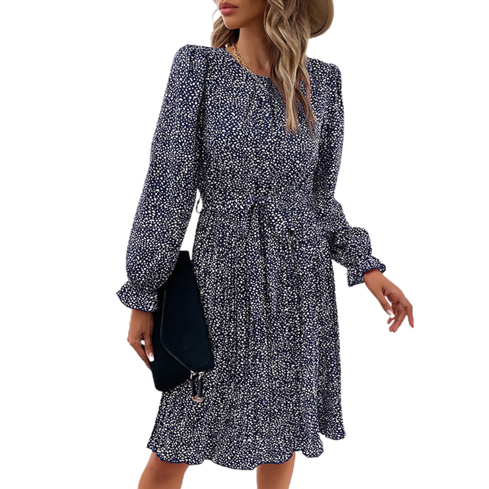 YESFASHION Long-sleeved Autumn Lace-up Print Dress