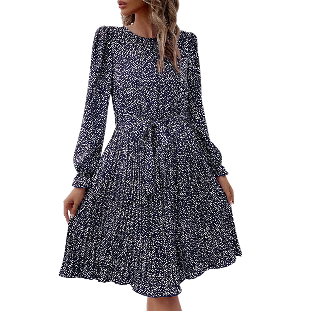 YESFASHION Long-sleeved Autumn Lace-up Print Dress