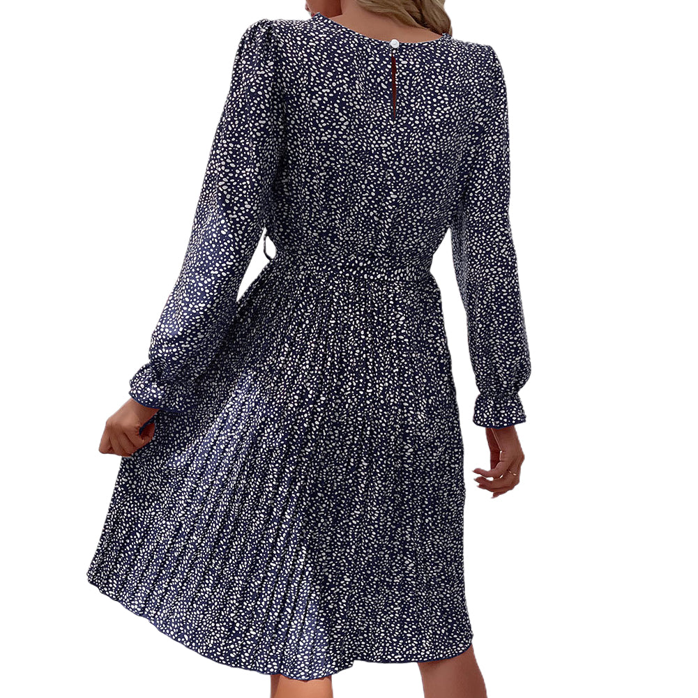 YESFASHION Long-sleeved Autumn Lace-up Print Dress