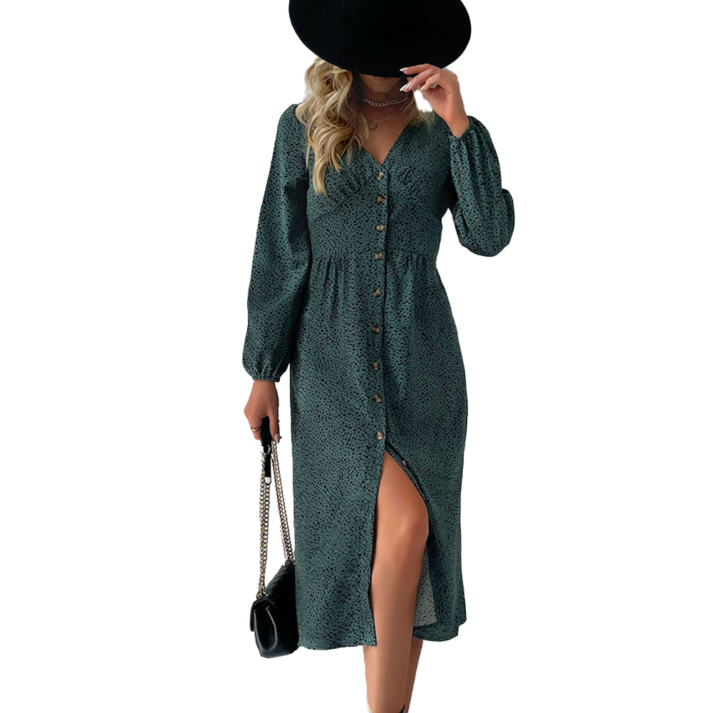 YESFASHION Women Elegant V-neck Single Breasted Dress