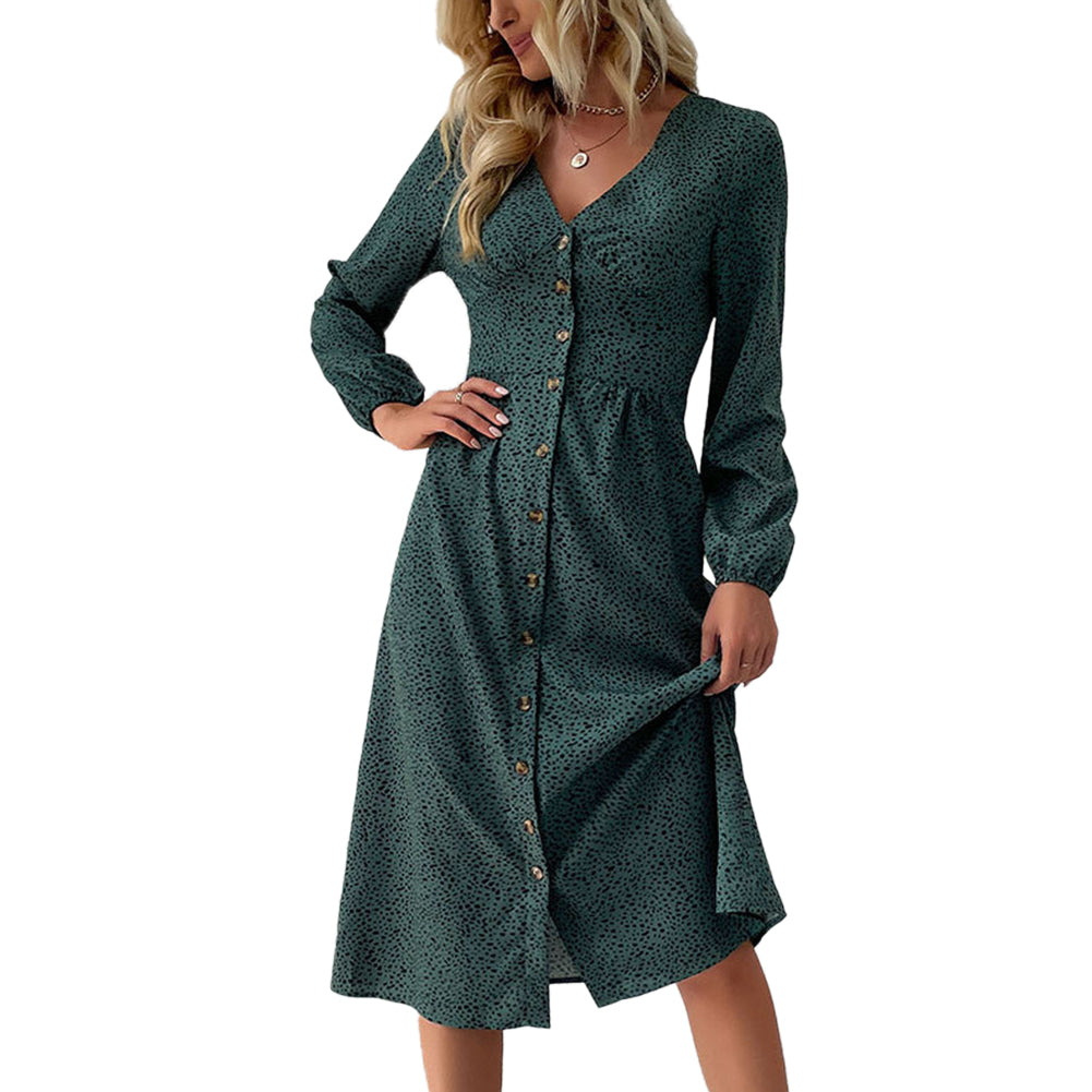 YESFASHION Women Elegant V-neck Single Breasted Dress