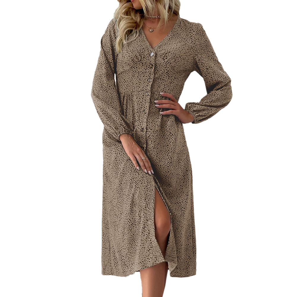 YESFASHION Women Elegant V-neck Single Breasted Dress