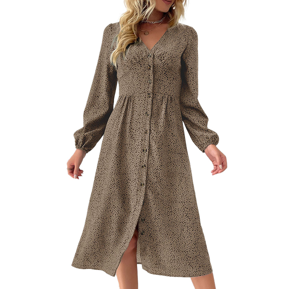 YESFASHION Women Elegant V-neck Single Breasted Dress