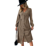 YESFASHION Women Elegant V-neck Single Breasted Dress