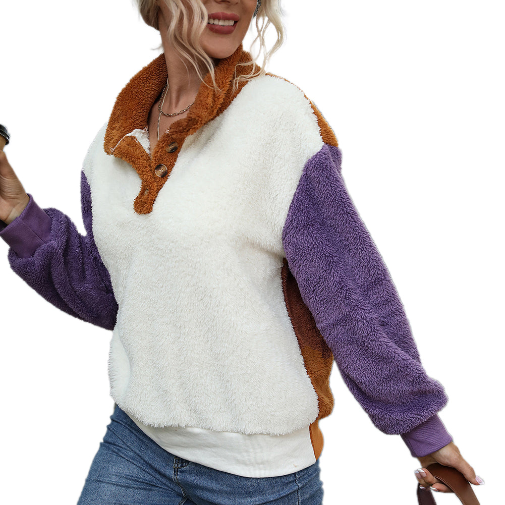 YESFASHION Loose Colorblock Panel Long Sleeve Plush Sweatshirts