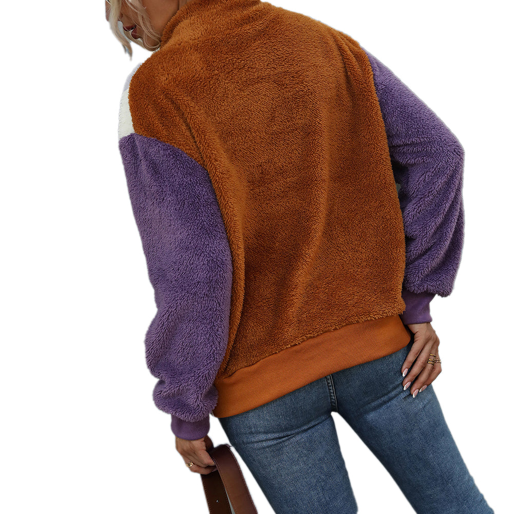 YESFASHION Loose Colorblock Panel Long Sleeve Plush Sweatshirts