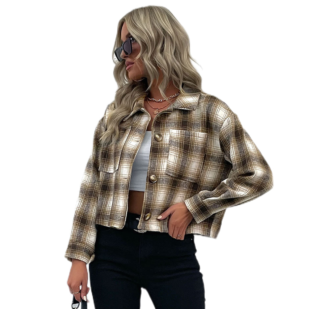 YESFASHION Cropped Plaid Cardigan Coats Vintage Wool Lapel Jacket