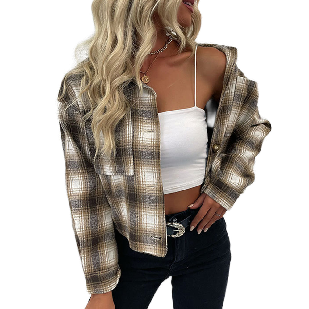 YESFASHION Cropped Plaid Cardigan Coats Vintage Wool Lapel Jacket