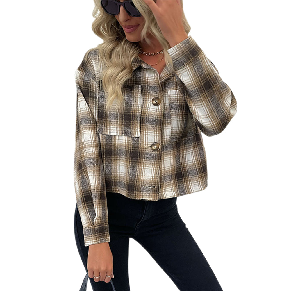 YESFASHION Cropped Plaid Cardigan Coats Vintage Wool Lapel Jacket