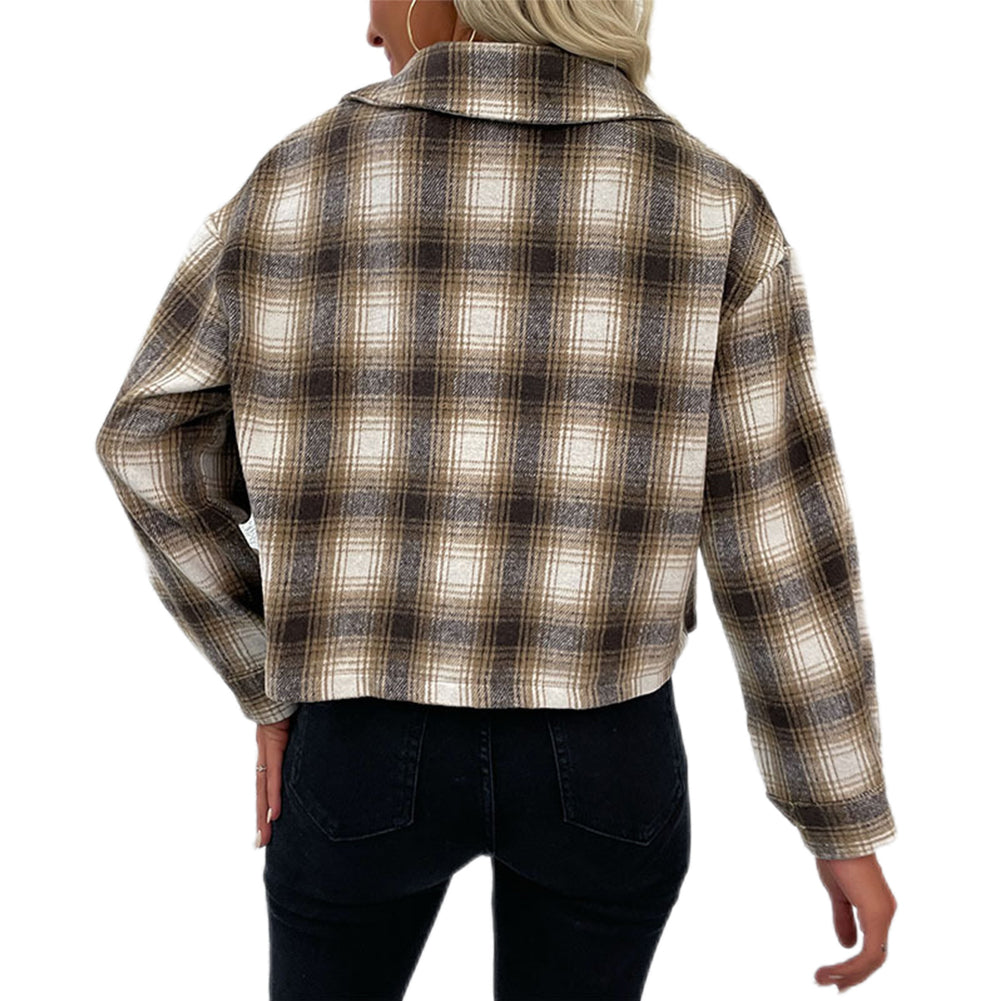 YESFASHION Cropped Plaid Cardigan Coats Vintage Wool Lapel Jacket
