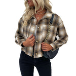 YESFASHION Cropped Plaid Cardigan Coats Vintage Wool Lapel Jacket