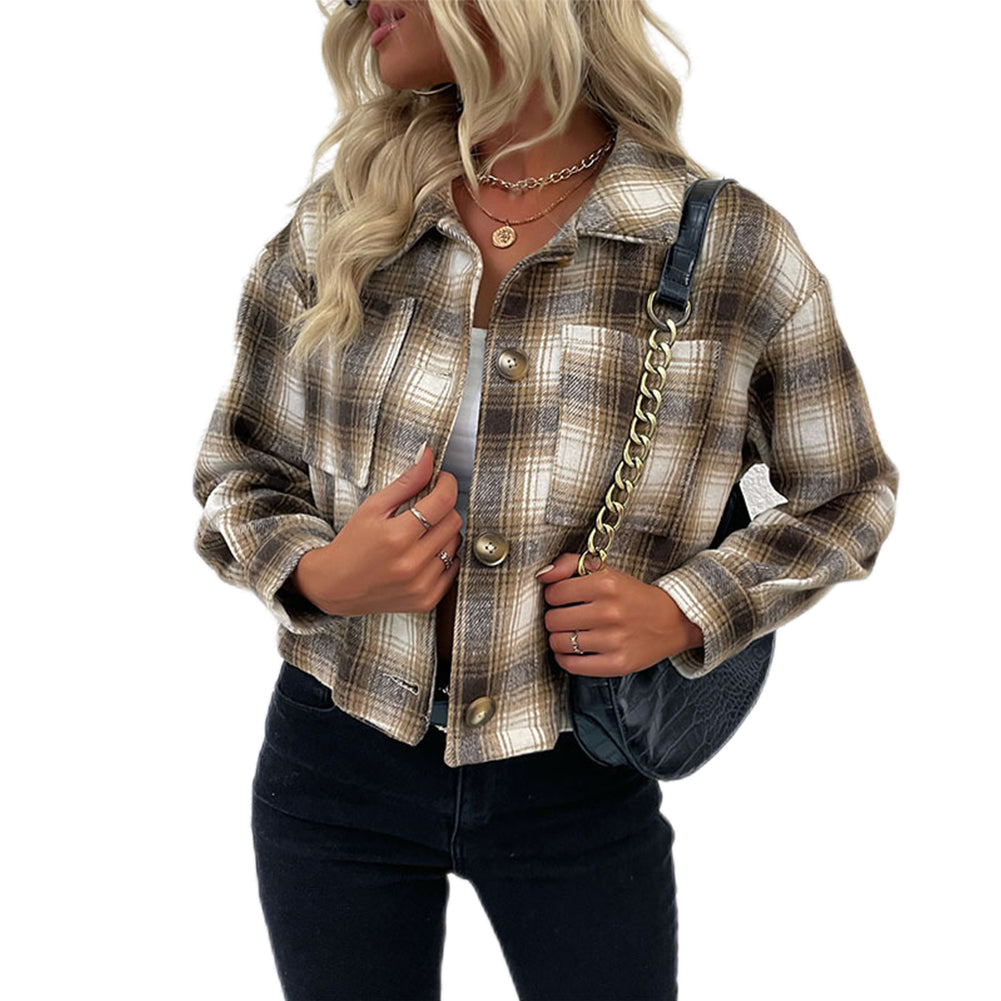 YESFASHION Cropped Plaid Cardigan Coats Vintage Wool Lapel Jacket