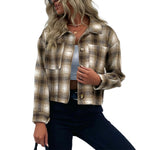 YESFASHION Cropped Plaid Cardigan Coats Vintage Wool Lapel Jacket