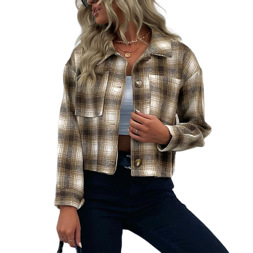 YESFASHION Cropped Plaid Cardigan Coats Vintage Wool Lapel Jacket