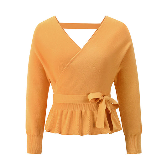 YESFASHION Women Cropped Pullover Sexy V-neck Knit Tops